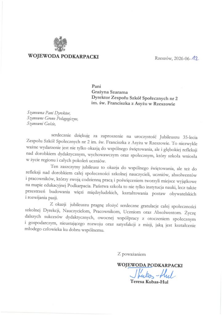 Listy gratulacyjne z okazji jubileuszu 35-lecia szkoły